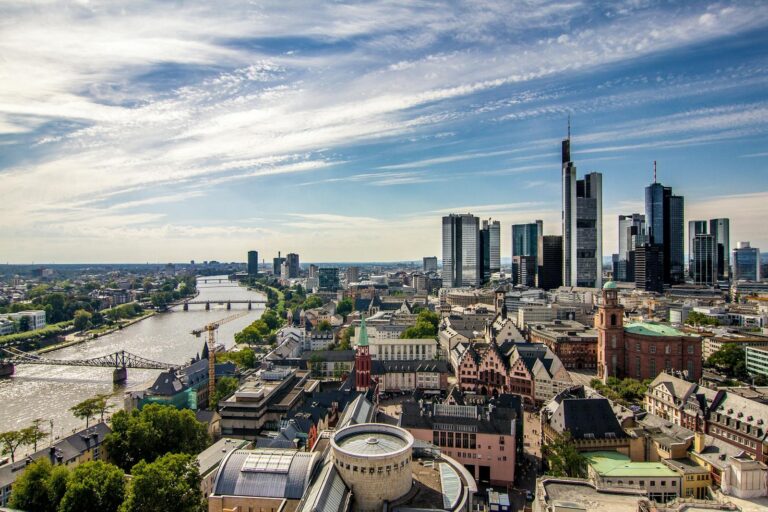 Aerial view of Frankfurt am Main showcasing its modern skyline and the Main River.